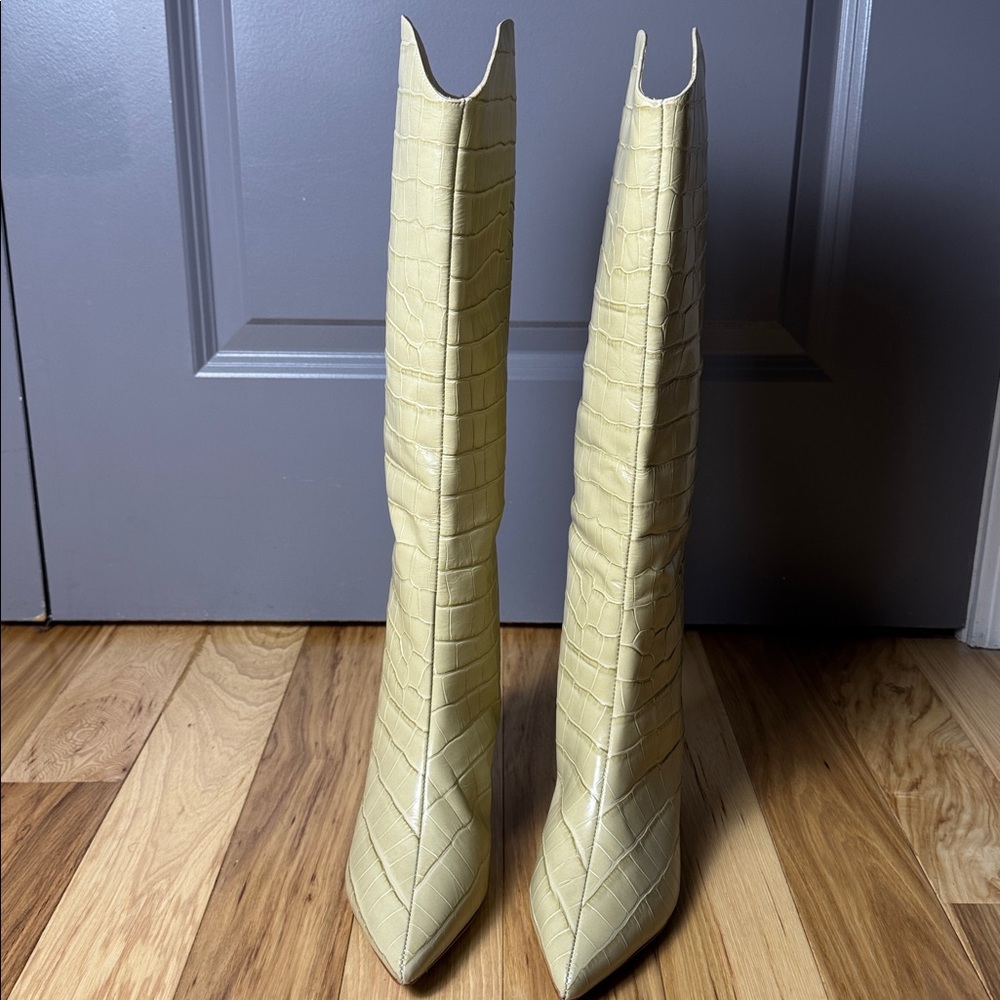 Schutz Maryana Knee High Boots Croc Embossed Cream Almond Heel Pointed Toe - Picture 4 of 9